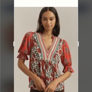 Anthropologie Red BL-NK Stephanie Floral Blouse